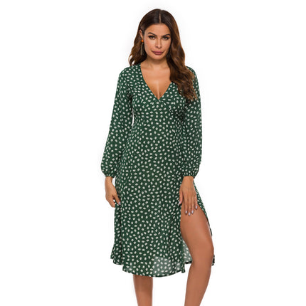 Amazon Spring and Summer New Sexy Split V-Neck Printed Slim-Fit Long-Sleeved Chiffon Dress dress in stock