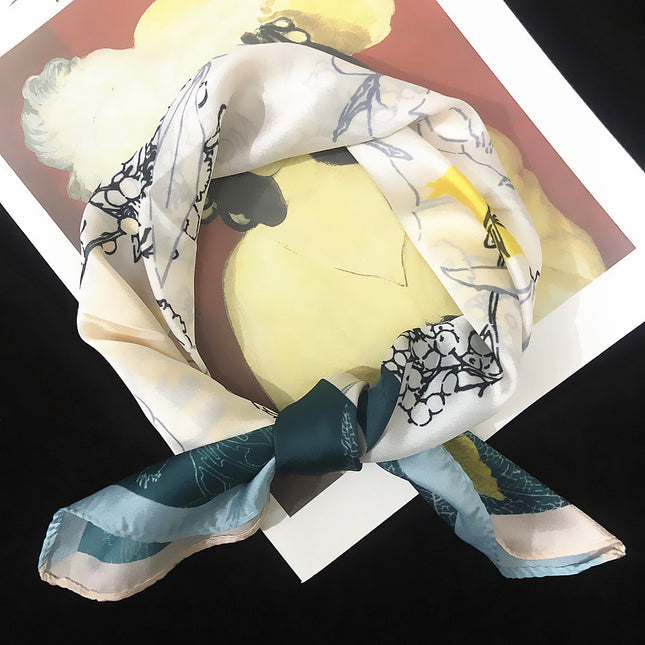 Korean version of simple ins53cm new silk satin hand-painted twigs and flowers ladies imitation silk small square scarf scarf scarf scarf wholesale