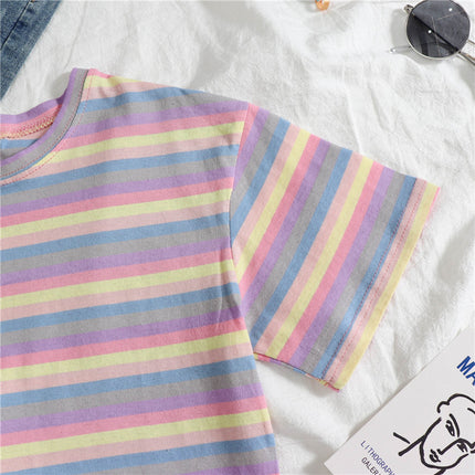 2021 Summer Hyun Elegant Style Cotton Candy Tonal Striped Fashion Colorful Striped cec Short Sleeve T-Shirt Women's Top