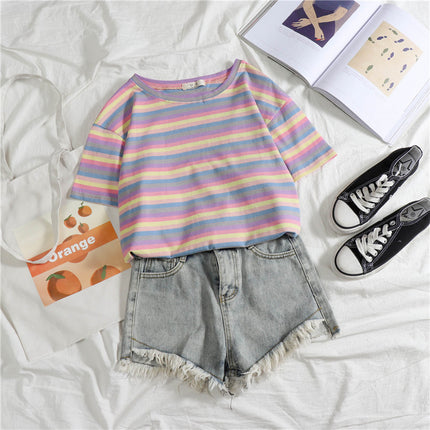 2021 Summer Hyun Elegant Style Cotton Candy Tonal Striped Fashion Colorful Striped cec Short Sleeve T-Shirt Women's Top