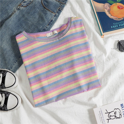 2021 Summer Hyun Elegant Style Cotton Candy Tonal Striped Fashion Colorful Striped cec Short Sleeve T-Shirt Women's Top