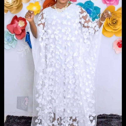 Cross-border source three-dimensional embroidery flower mesh round neck bat sleeve loose plus size robe vest African women's clear