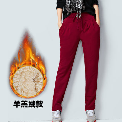 Lamb Velvet Simple Sports Pants Women's High-Waisted Pants Winter Loose Large Size Fleece-Lined Thickeneded Sports Casual Pants