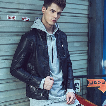 Autumn and Winter Fleece-Lined Men's Vintage Motorcycle Leather Jacket Fur One-Piece Short Slim-Fit Leather Fashion European and American Collar Coat
