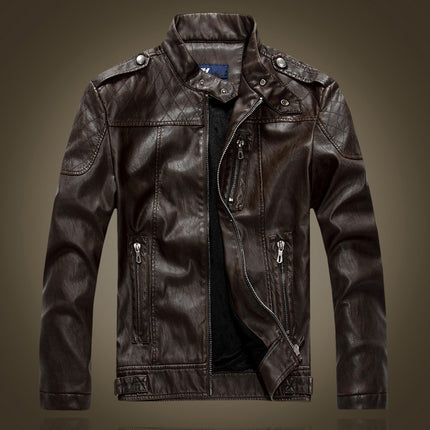AliExpress Foreign Trade Men's Slim-fit Stand Collar Fleece-lined Leather Jacket for Youth Men's Coat European and American Style Shoulder Leather Jacket