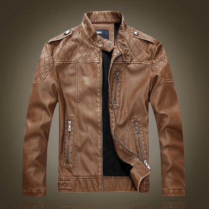 AliExpress Foreign Trade Men's Slim-fit Stand Collar Fleece-lined Leather Jacket for Youth Men's Coat European and American Style Shoulder Leather Jacket
