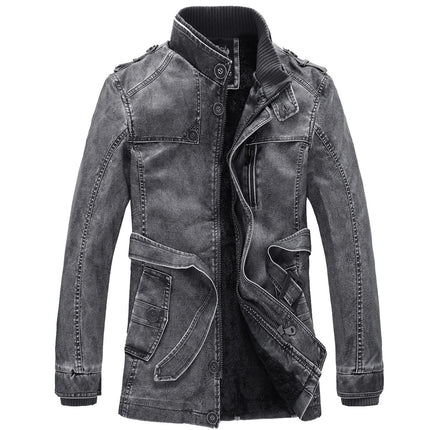 Amazon Foreign Trade European and American Fur One Long Pu Leather Jacket Personalized Washed Men's Motorcycle Leather Jacket