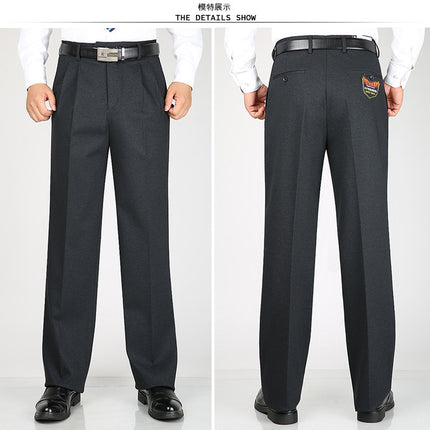 Men's Double Pleated Suit Pants Thick Autumn and Winter Middle-aged Straight Leg Pants High Elastic Loose Suit Pants Business Casual Pants