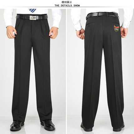 Men's Double Pleated Suit Pants Thick Autumn and Winter Middle-aged Straight Leg Pants High Elastic Loose Suit Pants Business Casual Pants