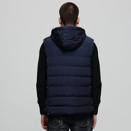 Autumn and Winter Coat Warm Down Cotton Vest Men's Korean Fashionable Hooded Waistcoat Solid Color Simple Coat
