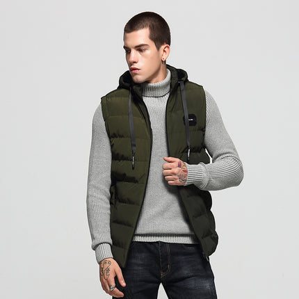 Autumn and Winter Coat Warm Down Cotton Vest Men's Korean Fashionable Hooded Waistcoat Solid Color Simple Coat