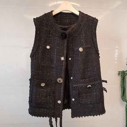 2026 Spring Fashion Chanel-Style Heavy-Duty Rhinestone Button Vest Jacket Slimming Tweed Versatile Slimming Top for Women