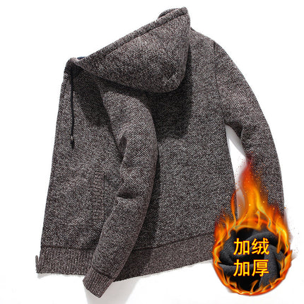 Foreign trade Winter new men's knitted cardigan plus velvet solid color hooded casual warm personality sweater coat wholesale
