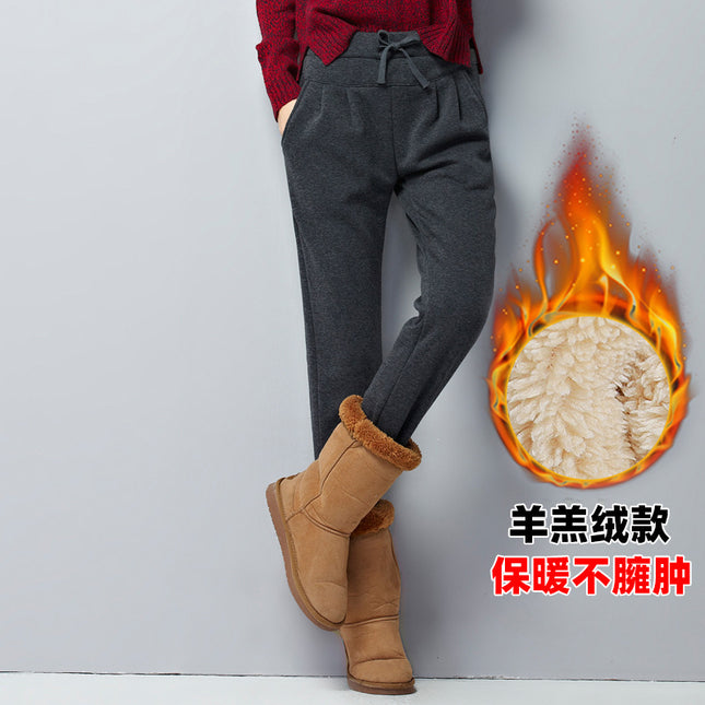 Lamb Velvet Simple Sports Pants Women's High-Waisted Pants Winter Loose Large Size Fleece-Lined Thickeneded Sports Casual Pants