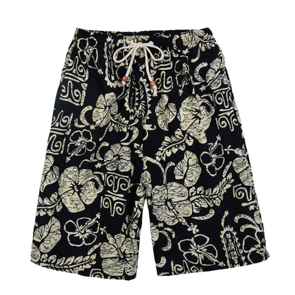 Summer new cotton and linen printed five-point men's beach pants casual sports loose plus size shorts men's thin fashion
