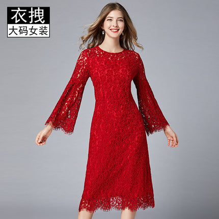 A generation of loose large size lace dress fat MM Spring and Autumn new eyelash horn sleeve skirt