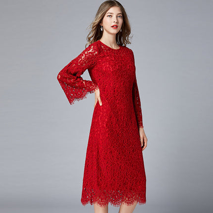 A generation of loose large size lace dress fat MM Spring and Autumn new eyelash horn sleeve skirt
