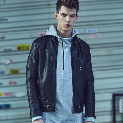 Autumn and Winter Fleece-Lined Men's Vintage Motorcycle Leather Jacket Fur One-Piece Short Slim-Fit Leather Fashion European and American Collar Coat