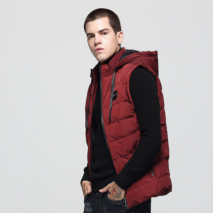 Autumn and Winter Coat Warm Down Cotton Vest Men's Korean Fashionable Hooded Waistcoat Solid Color Simple Coat