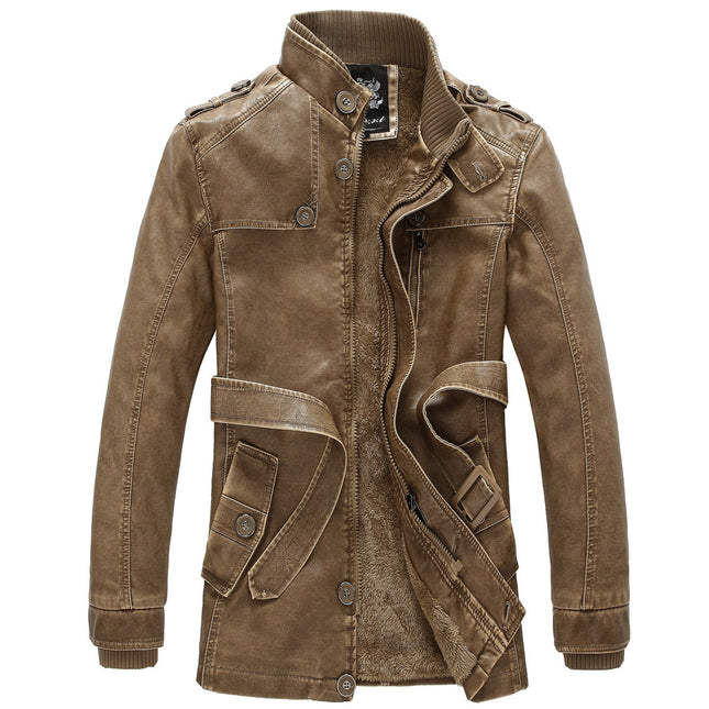 Amazon Foreign Trade European and American Fur One Long Pu Leather Jacket Personalized Washed Men's Motorcycle Leather Jacket
