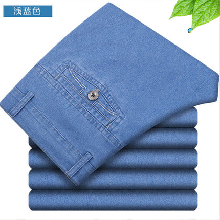 Summer Thin Men's Jeans High Elastic High Waist Loose Straight Pants Middle-aged and Elderly Business Casual Men's Pants