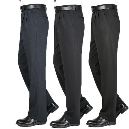 Men's Double Pleated Suit Pants Thick Autumn and Winter Middle-aged Straight Leg Pants High Elastic Loose Suit Pants Business Casual Pants
