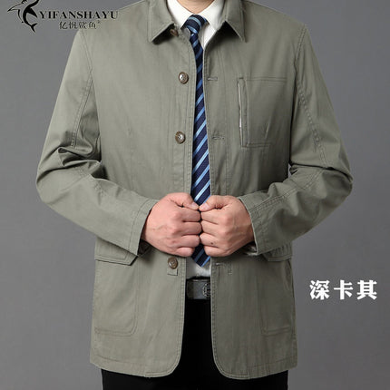 Spring and Autumn new men's jacket cotton straight solid color middle-aged lapel coat button men's clothing factory wholesale