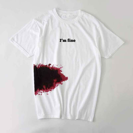 I'm Fine white cotton short sleeve printed T-shirt Halloween spoof injured people screen printed short sleeve