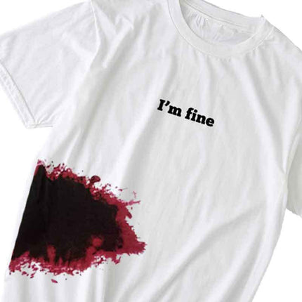 I'm Fine white cotton short sleeve printed T-shirt Halloween spoof injured people screen printed short sleeve