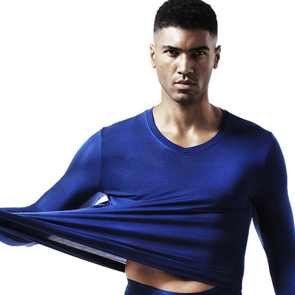 Autumn and Winter Men's Warm Clothes Single Piece Autumn Clothes Ice Silk Mesh Sweat-wicking Warm Top V-Neck Long Sleeve Base Shirt