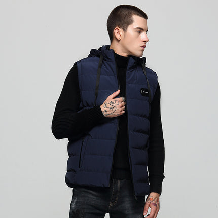 Autumn and Winter Coat Warm Down Cotton Vest Men's Korean Fashionable Hooded Waistcoat Solid Color Simple Coat