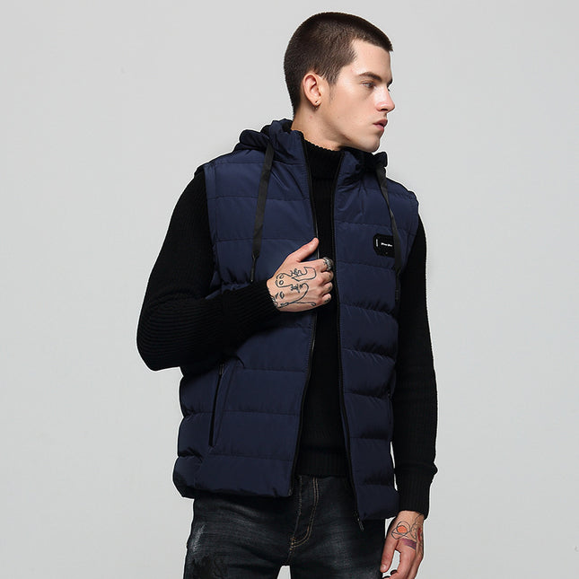 Autumn and Winter Coat Warm Down Cotton Vest Men's Korean Fashionable Hooded Waistcoat Solid Color Simple Coat