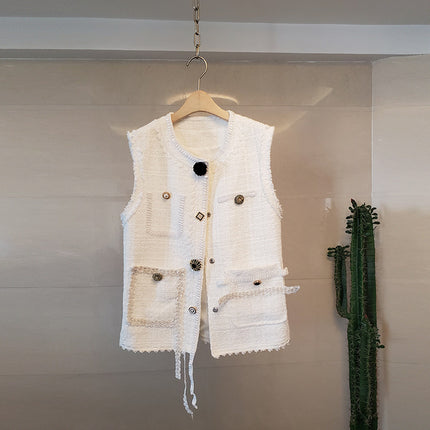 2026 Spring Fashion Chanel-Style Heavy-Duty Rhinestone Button Vest Jacket Slimming Tweed Versatile Slimming Top for Women