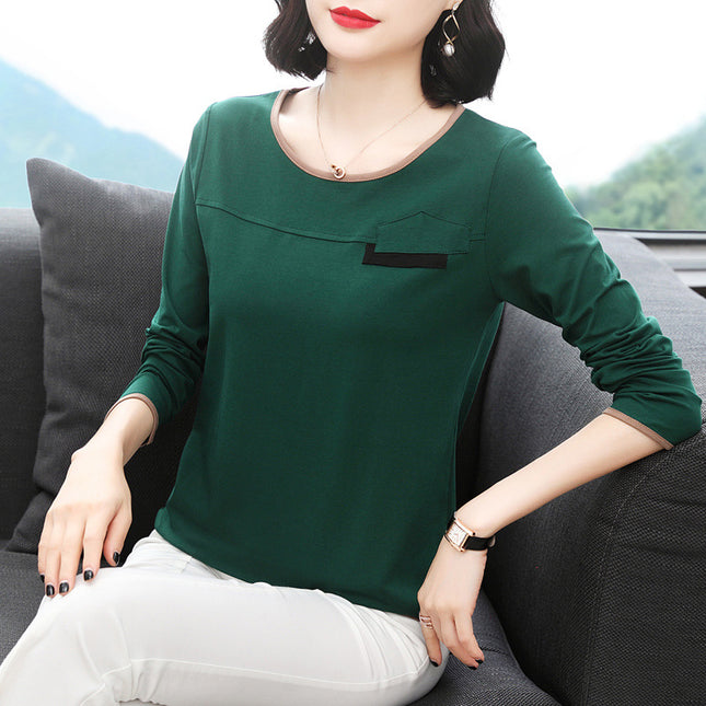 Long-sleeved T-shirt Women's Spring and Autumn New Solid Color Round Neck Base Shirt Thin Slim-fit Slimming Cotton Casual Top