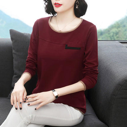 Long-sleeved T-shirt Women's Spring and Autumn New Solid Color Round Neck Base Shirt Thin Slim-fit Slimming Cotton Casual Top