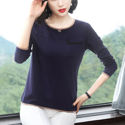 Long-sleeved T-shirt Women's Spring and Autumn New Solid Color Round Neck Base Shirt Thin Slim-fit Slimming Cotton Casual Top