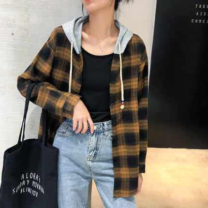 2024 Korean version of hooded bf loose plaid long sleeve shirt women can be shipped season new Harajuku student shirt coat
