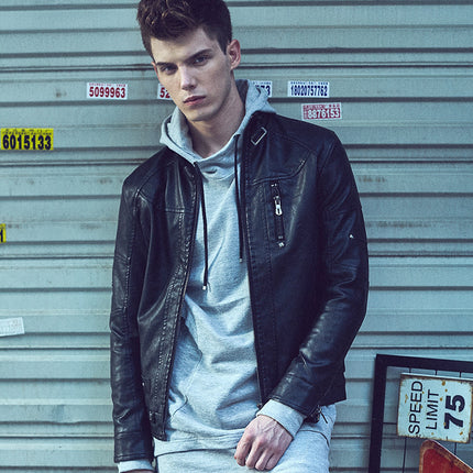 Autumn and Winter Fleece-Lined Men's Vintage Motorcycle Leather Jacket Fur One-Piece Short Slim-Fit Leather Fashion European and American Collar Coat