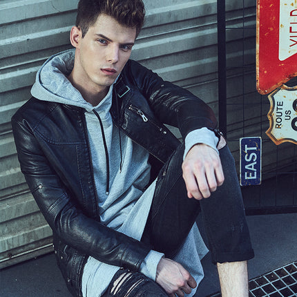 Autumn and Winter Fleece-Lined Men's Vintage Motorcycle Leather Jacket Fur One-Piece Short Slim-Fit Leather Fashion European and American Collar Coat