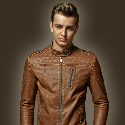 AliExpress Foreign Trade Men's Slim-fit Stand Collar Fleece-lined Leather Jacket for Youth Men's Coat European and American Style Shoulder Leather Jacket