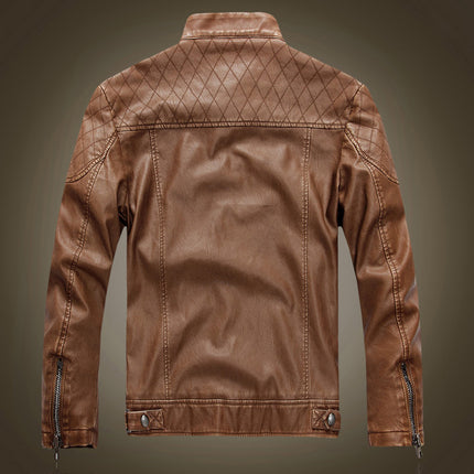 AliExpress Foreign Trade Men's Slim-fit Stand Collar Fleece-lined Leather Jacket for Youth Men's Coat European and American Style Shoulder Leather Jacket