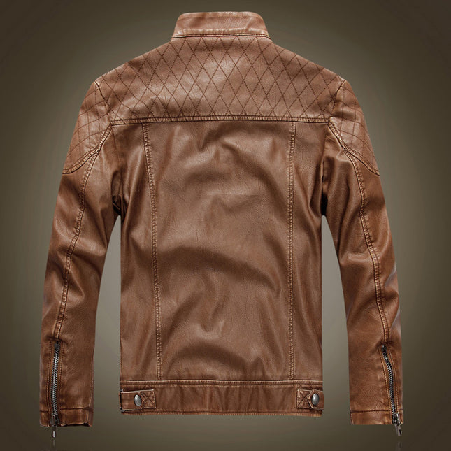 AliExpress Foreign Trade Men's Slim-fit Stand Collar Fleece-lined Leather Jacket for Youth Men's Coat European and American Style Shoulder Leather Jacket