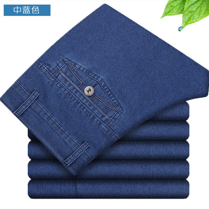 Summer Thin Men's Jeans High Elastic High Waist Loose Straight Pants Middle-aged and Elderly Business Casual Men's Pants