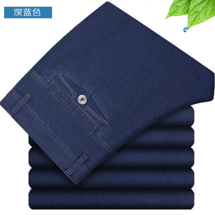 Summer Thin Men's Jeans High Elastic High Waist Loose Straight Pants Middle-aged and Elderly Business Casual Men's Pants