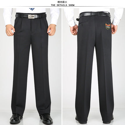 Men's Double Pleated Suit Pants Thick Autumn and Winter Middle-aged Straight Leg Pants High Elastic Loose Suit Pants Business Casual Pants