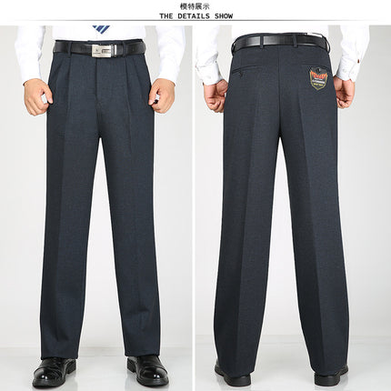 Men's Double Pleated Suit Pants Thick Autumn and Winter Middle-aged Straight Leg Pants High Elastic Loose Suit Pants Business Casual Pants