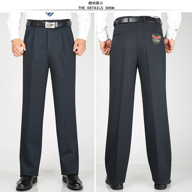 Men's Double Pleated Suit Pants Thick Autumn and Winter Middle-aged Straight Leg Pants High Elastic Loose Suit Pants Business Casual Pants