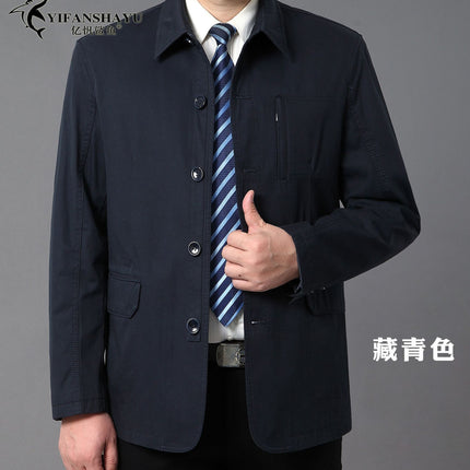 Spring and Autumn new men's jacket cotton straight solid color middle-aged lapel coat button men's clothing factory wholesale