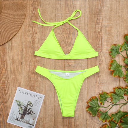 Cross-Border European and American Sexy Fluorescent Green Triangle Cup Bikini Aliexpress Wish Swimsuit Women's Swimsuit Slimming Look and Quick-Drying