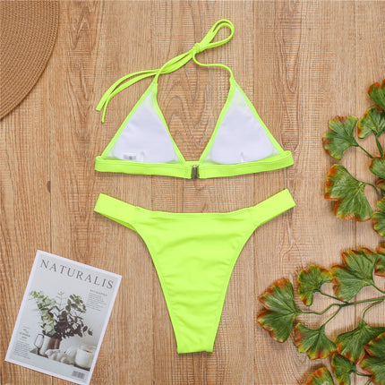 Cross-Border European and American Sexy Fluorescent Green Triangle Cup Bikini Aliexpress Wish Swimsuit Women's Swimsuit Slimming Look and Quick-Drying